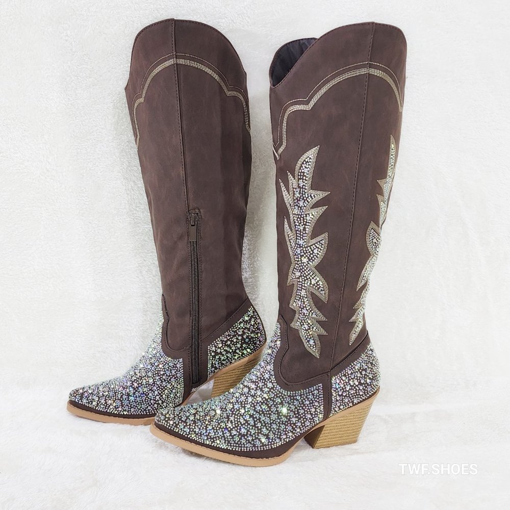 Crystal Dark Brown Multi Rhinestones Country Glam Western Cowgirl Knee Boots
